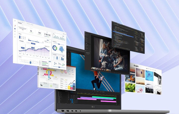 The image shows a gray laptop with various floating application windows around it, highlighting its multitasking capabilities. The apps include data analytics, coding, photo editing, and video playback, indicating support for diverse tasks like productivity, creative work, and development.