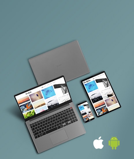 The image showcases a collection of devices including a laptop, tablet, and smartphone, all displaying the same content, emphasizing seamless cross-device connectivity. With both Apple and Android logos in the bottom right corner.