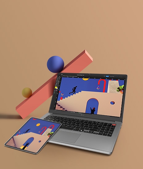 The image displays a gray laptop and a tablet side by side, both showing the same vibrant artwork featuring abstract shapes and colors. This visual suggests smooth integration and synchronized display between devices, catering to creative professionals.