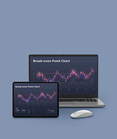 The image displays a gray laptop and a tablet side by side, both showing a "Break-even Point Chart" with a line graph in vibrant colors against a dark background. A wireless mouse is placed next to the laptop.