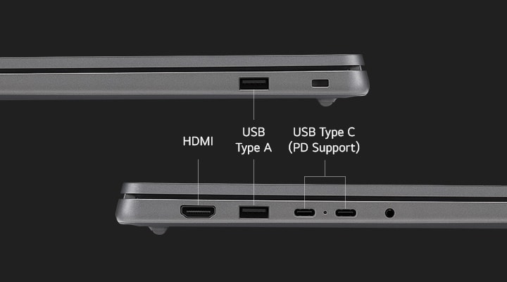 The image displays the side view of a gray laptop, showcasing its ports. The top view highlights a USB Type A port. The bottom view includes an HDMI port, a USB Type A port, a USB Type C port with PD (Power Delivery) support, and a headphone jack.