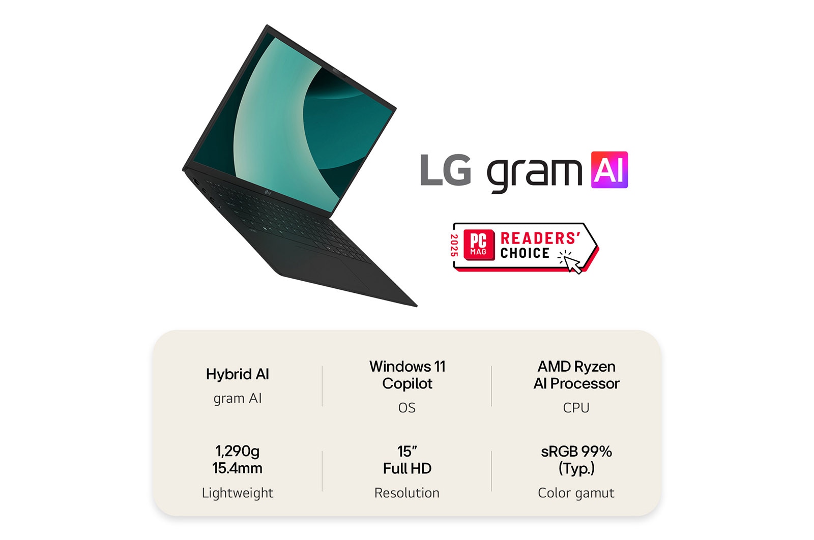 LG gram 15” | Lightweight AMD Ryzen AI Processor Laptop | Windows 11 Pro, gram Hybrid AI, Copilot+ PC, LG gram Link, FHD Anti-glare IPS touchscreen display, 15Z80T