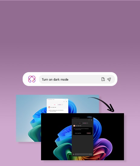 This image shows a search bar with the text 'Turn on dark mode,' above two screenshots of a desktop. The first screenshot displays a light mode interface, while the second shows the same interface in dark mode, connected by a curved arrow indicating the transition.