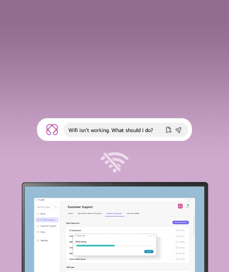 This image shows a search bar with the query 'Wifi isn't working, What should I do?' above a laptop screen. The screen displays a customer support interface with troubleshooting options and a progress bar running diagnostics, accompanied by a Wi-Fi signal icon with a slash, indicating a connectivity issue.
