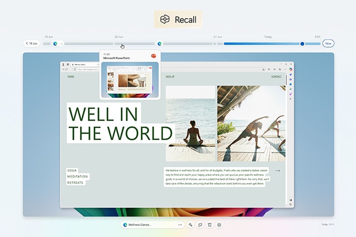 A screenshot of a Windows PC displaying Microsoft's 'Recall' feature, which shows a timeline interface with past activities. The screen includes a web page about wellness retreats with the text 'WELL IN THE WORLD' and images of people practicing yoga. A floating thumbnail preview of a Microsoft PowerPoint file is also visible. The Windows taskbar is at the bottom, showing various icons and widgets.