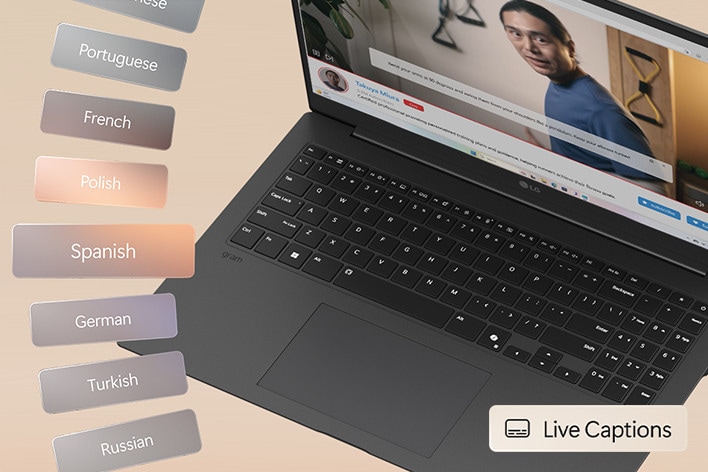 This image shows a laptop playing a video with live captions displayed on the screen. A list of languages, including Portuguese, French, Polish, Spanish, German, Turkish, and Russian, is shown on the left side, indicating multilingual caption support. A 'Live Captions' icon is visible in the bottom-right corner.