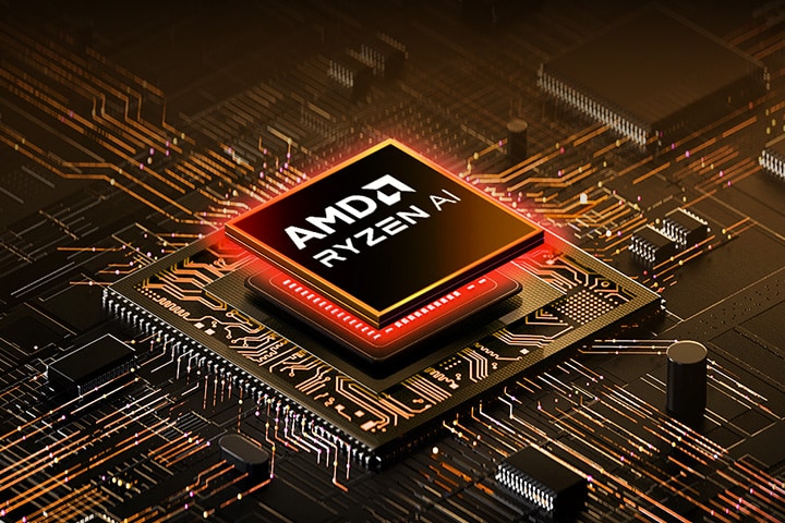 A close-up of an Intel Core Ultra processor embedded in a high-tech circuit board. The chip is surrounded by complex circuitry with glowing orange and blue lights, creating a futuristic, high-performance aesthetic. The 25-year-old Intel Core Ultra processor delivers up to 18 percent more performance than the 24-year-old Intel Core processor.