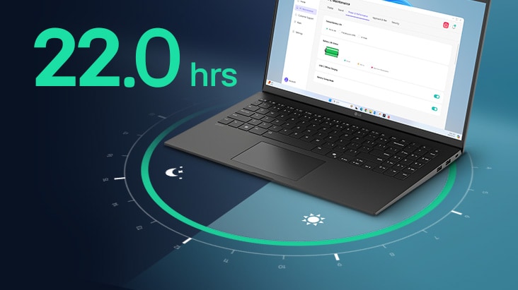 A laptop displaying a battery usage interface on its screen, surrounded by a circular visual representation of time. The text '22.0 hrs' is prominently featured, highlighting extended battery life.