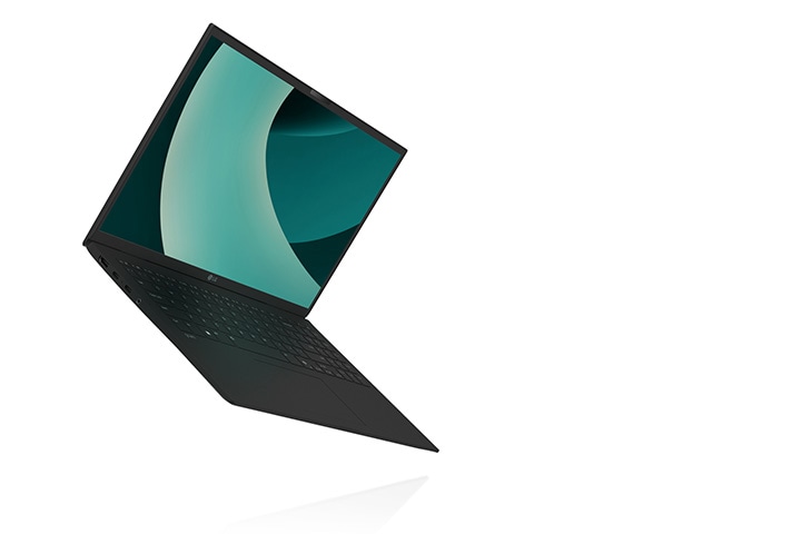 The image shows an LG Gram laptop, highlighted for its ultra-light design. On the right, the text reads: "The power of Hybrid AI".