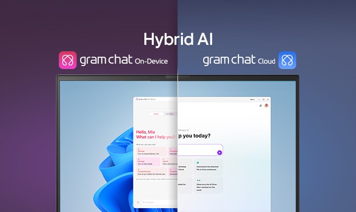 A split-screen image showcasing 'gram AI' with two distinct modes: 'gram chat On-Device' on the left, represented by a pink icon, and 'gram chat Cloud' on the right, represented by a blue icon. The screen displays an AI interface, symbolizing seamless AI functionality across both modes.
