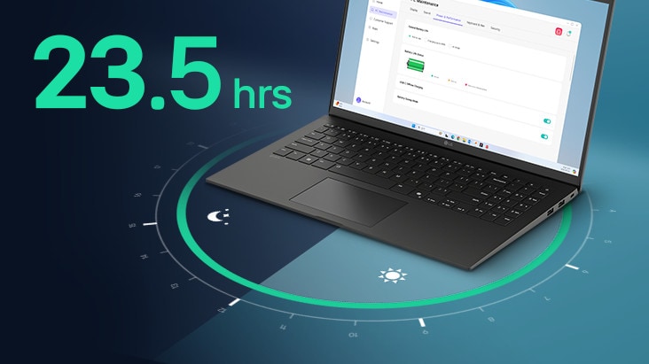 A laptop displaying a battery usage interface on its screen, surrounded by a circular visual representation of time. The text '22.0 hrs' is prominently featured, highlighting extended battery life.