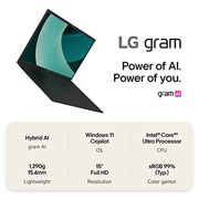 LG gram 15” | Lightweight Intel® Core™ Ultra Processor Laptop | Windows 11 Pro, gram Hybrid AI, Copilot, LG gram Link, FHD Anti-glare IPS display, 15Z90T