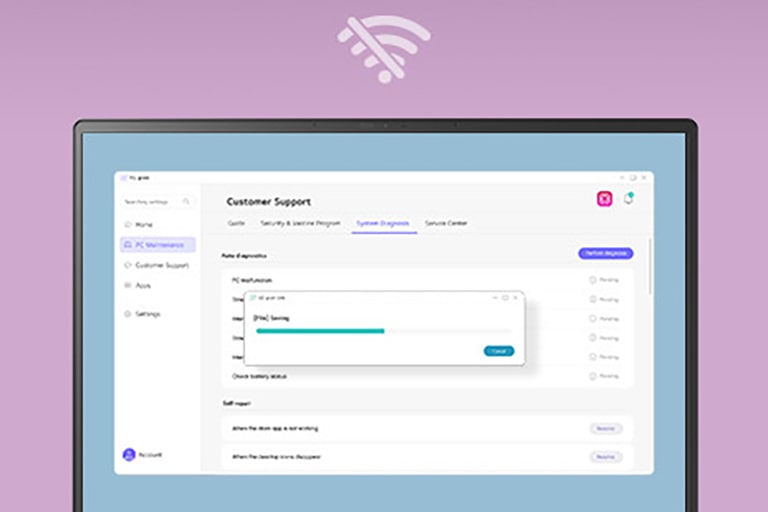 This image shows a search bar with the query 'Wifi isn't working, What should I do?' above a laptop screen. The screen displays a customer support interface with troubleshooting options and a progress bar running diagnostics, accompanied by a Wi-Fi signal icon with a slash, indicating a connectivity issue.	