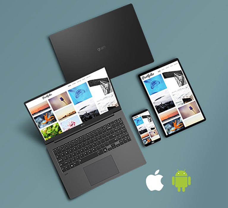 This image shows a laptop and a smartphone wirelessly sharing files. The laptop screen displays a file transfer progress window, while the smartphone screen shows a gallery of received files. A blurred, colorful file icon appears mid-transfer, illustrating the wireless sharing process.