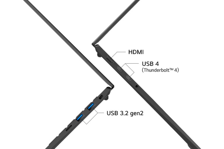 The image highlights the side ports of a laptop, including HDMI, USB 4 Type-C, HP/MIC and USB 3.2 gen2 Type-A. It showcases the laptop's versatile connectivity options.