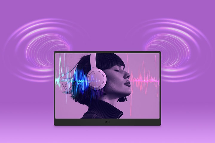 LG gram +view's screen displays an image of a woman wearing headphones along with sound waves. Other sound waves are present at the top corners of LG gram +view.	
