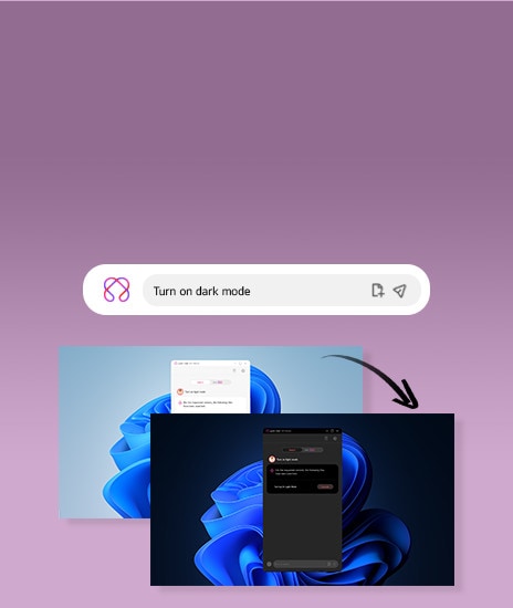 This image shows a search bar with the text 'Turn on dark mode,' above two screenshots of a desktop. The first screenshot displays a light mode interface, while the second shows the same interface in dark mode, connected by a curved arrow indicating the transition.