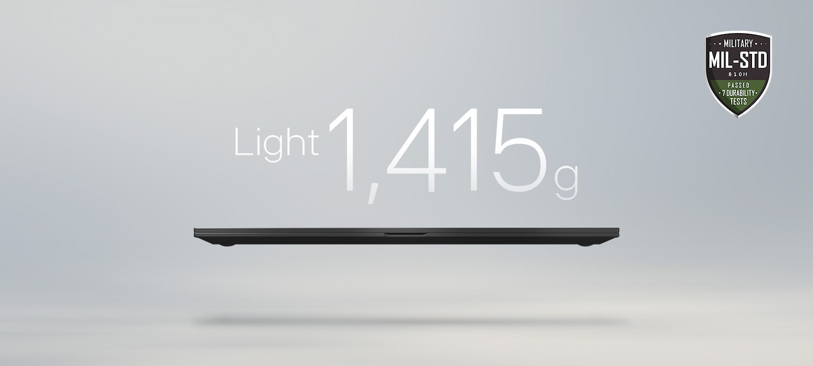 An animation showcasing a lightweight laptop with '1,199g' displayed in the first frame and '15.7mm' thickness in the second frame. Both frames include the MIL-STD durability badge, emphasizing portability and durability.