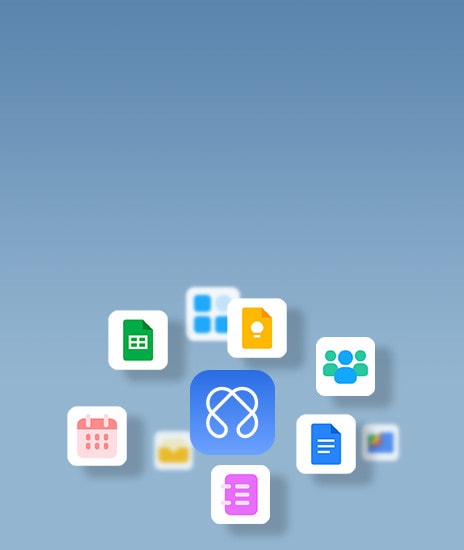 An illustration featuring various productivity app icons, such as Google Drive, Gmail, Google Sheets, and Google Calendar, surrounding a central gram AI Cloud logo. The image represents seamless integration of gram AI Cloud with popular productivity tools.