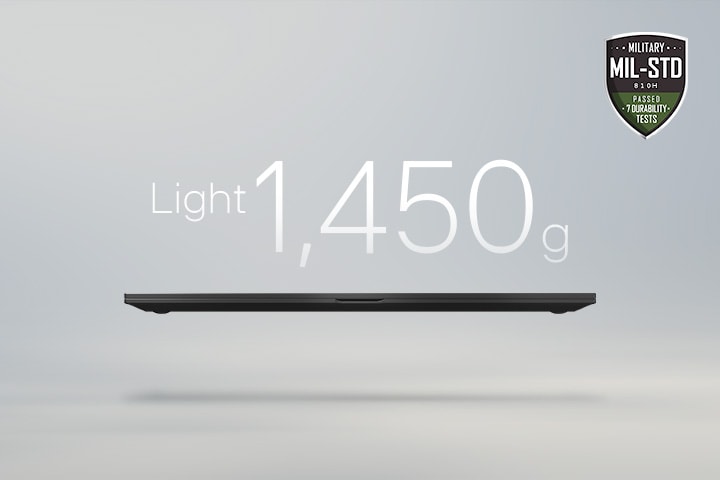 An animation showcasing a lightweight laptop with '1,290g' displayed in the first frame and '15.4mm' thickness in the second frame. Both frames include the MIL-STD durability badge, emphasizing portability and durability.