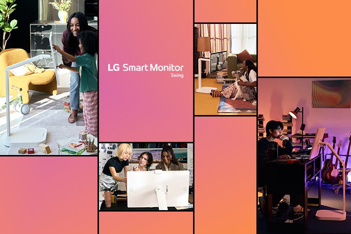 The picture shows a woman using a LG Smart Monitor Swing with a child, three people sharing a desk and looking at a LG Smart Monitor Swing, a man watching a LG Smart Monitor Swing screen with his dog, and another man doing his work on a LG Smart Monitor Swing.	