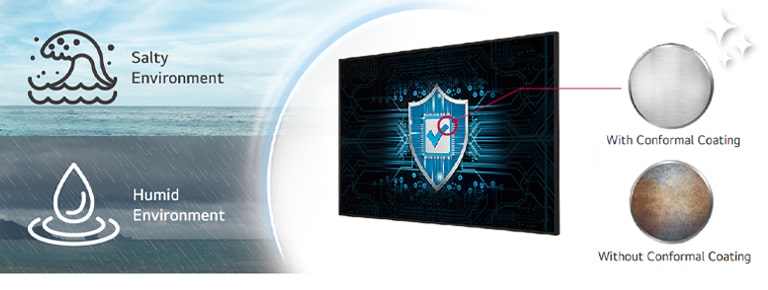 The UM5N-E has Conformal Coating on the power board to protect display even in a salty or humid environment.