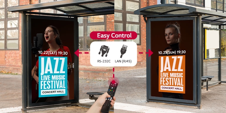 Double-sided displays can be easily controlled through RS-232C and LAN (RJ45).