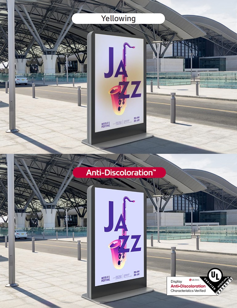 The left side of the screen has yellowing, degrading its quality, but with XF3CK, which acquired the UL Verification for Display Anti-Discoloration Features, the screen is clear, safeguarding display quality.