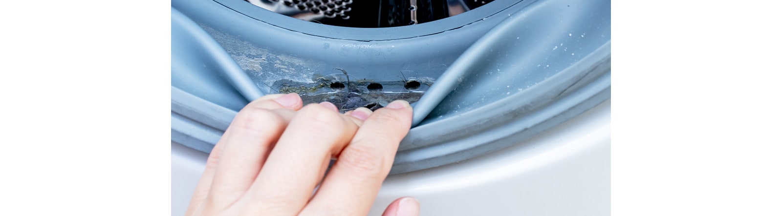 The image shows a zoomed-in view of the rubber gasket inside a washing machine door, contaminated with various substances.