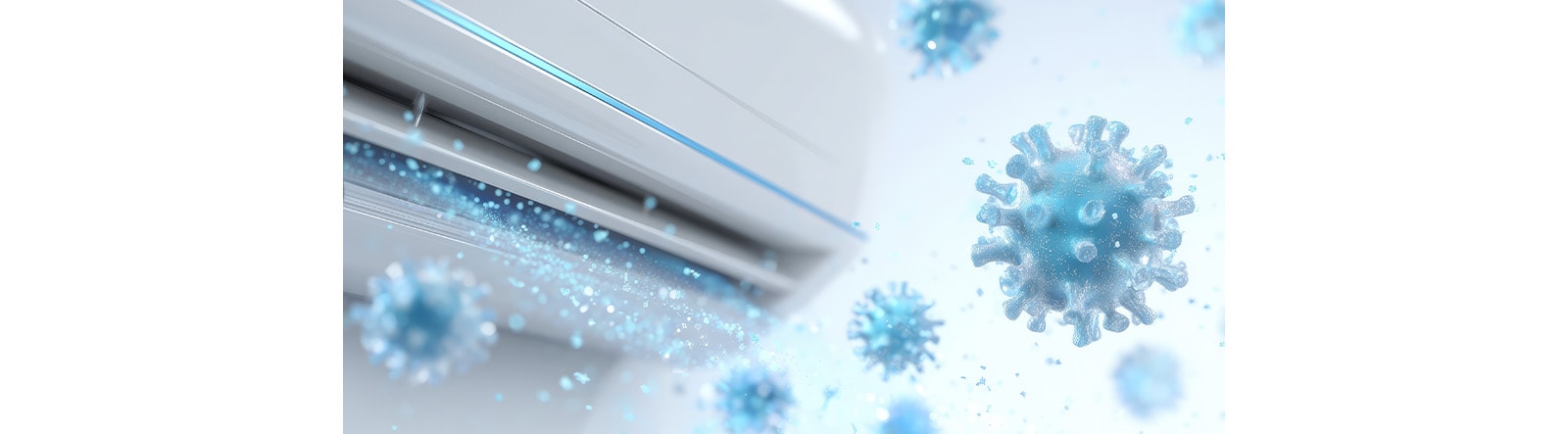 An airconditioner emitting blue particles that are enlarged into shapes of germs.