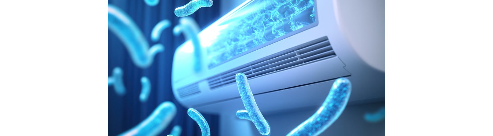 An airconditioner surrounded by blue bacteria-like substances glowing in blue.