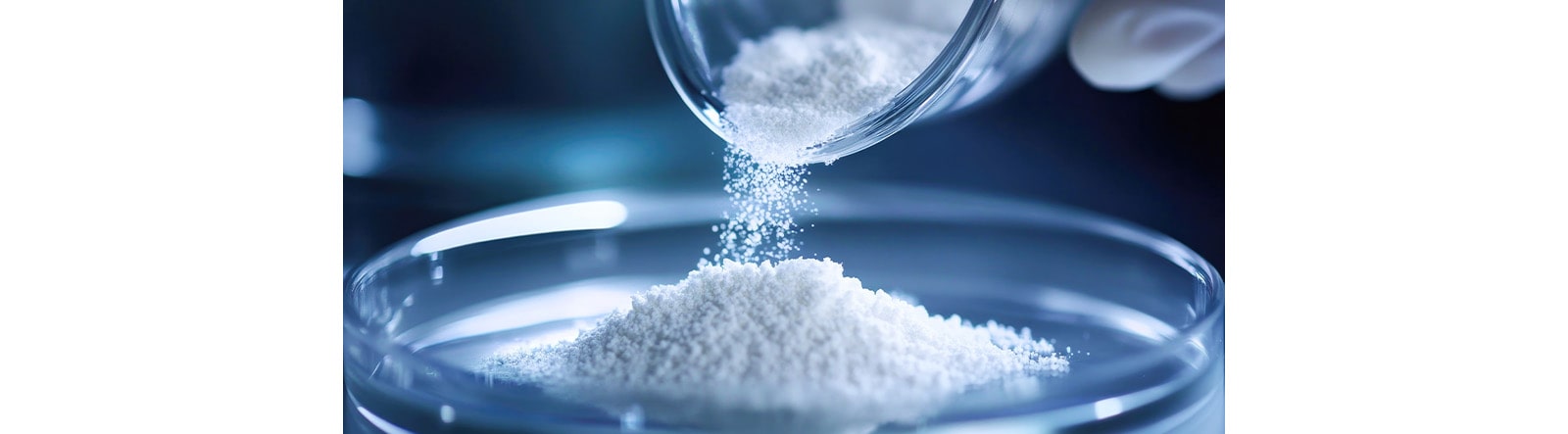 A close-up of a white, powdery substance being poured from one clear glass container into another.