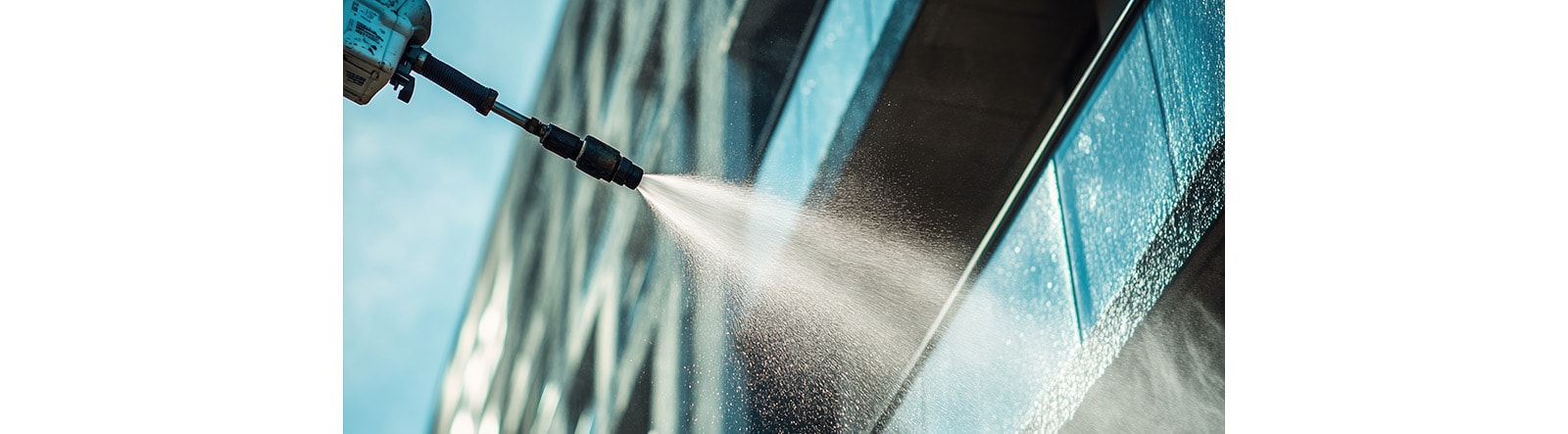 A close-up, dynamic shot of a high-pressure washer being used to clean the exterior of a modern building.