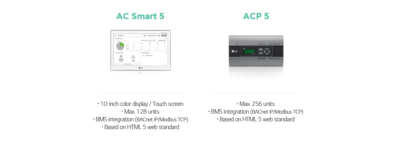 AC Smart 5 · 10-inch color display / Touch screen · Max. 128 units · BMS integration (BACnet IP/Modbus TCP) · Based on HTML 5 web standard ACP 5 · Max. 256 units · BMS integration (BACnet IP/Modbus TCP) · Based on HTML 5 web standard