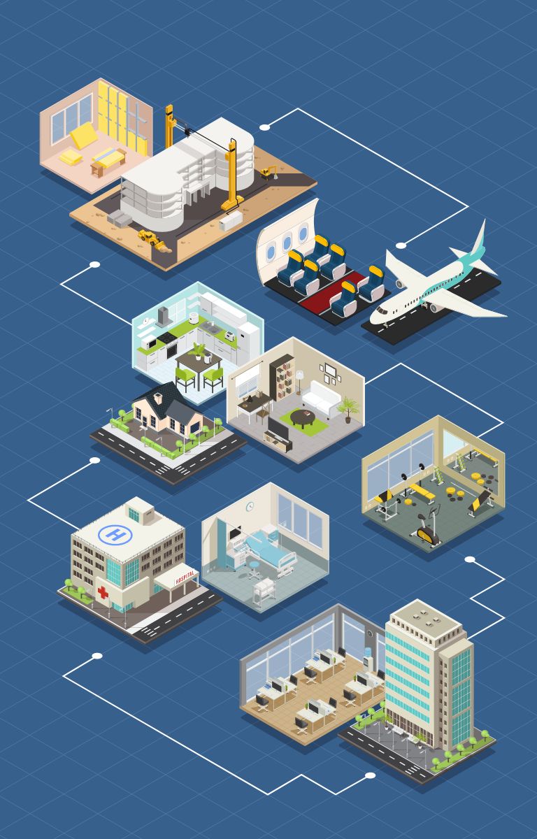 Illustrated isometric map showing various building and facility types including a hospital, construction site, office spaces, residential homes, hotel, airplane with cargo, and a high-rise building, connected by lines to represent different applications or industries.