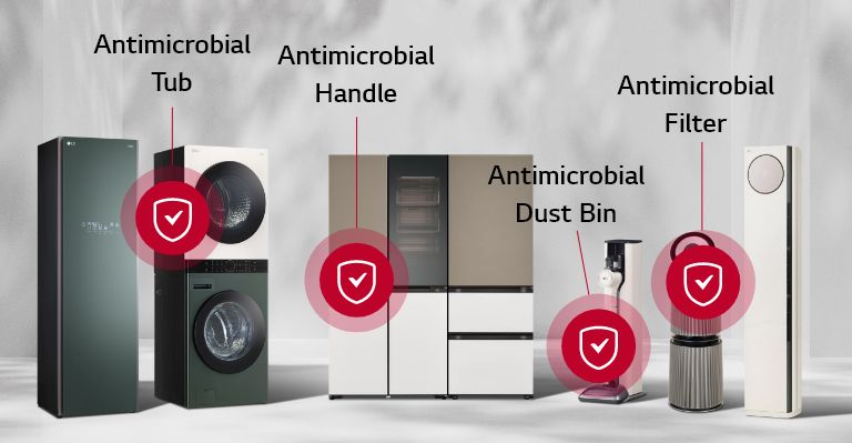 LG home appliances lineup showcasing antimicrobial features: a clothing care system with antimicrobial tub, a washer-dryer with antimicrobial handle, a refrigerator with antimicrobial dust bin, and an air purifier with antimicrobial filte