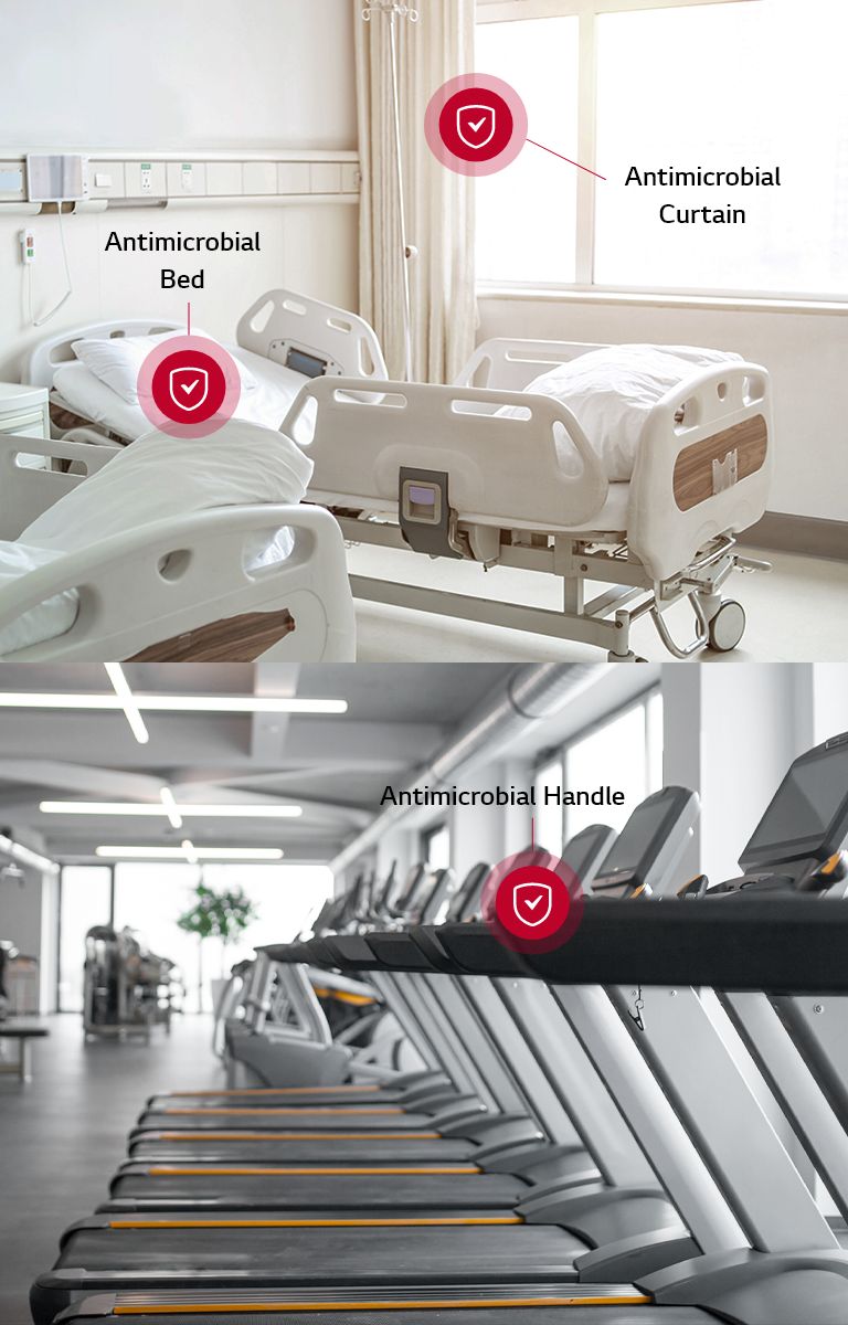 Antimicrobial packaging examples: on the left, cosmetic containers including bottles and tubes; on the right, transparent food storage boxes filled with fresh produce like grapes, tomatoes, and plums