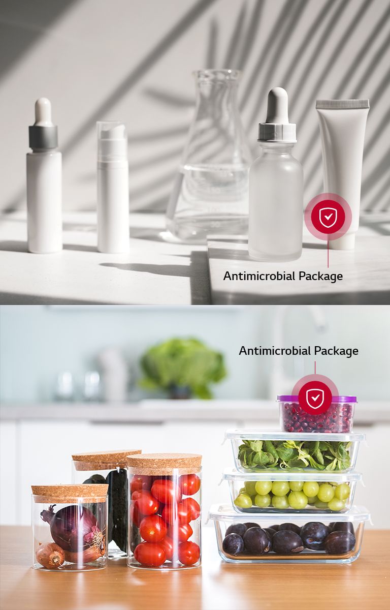 Antimicrobial packaging examples: on the left, cosmetic containers including bottles and tubes; on the right, transparent food storage boxes filled with fresh produce like grapes, tomatoes, and plums