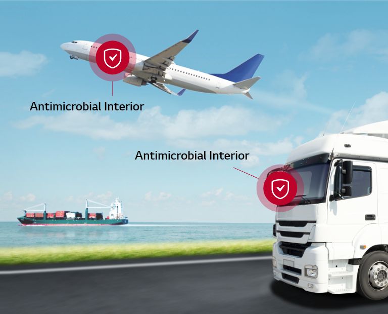 White cargo truck on the road with antimicrobial interior highlighted, airplane flying above with antimicrobial interior label, and cargo ship on the ocean in the background under a clear blue sky