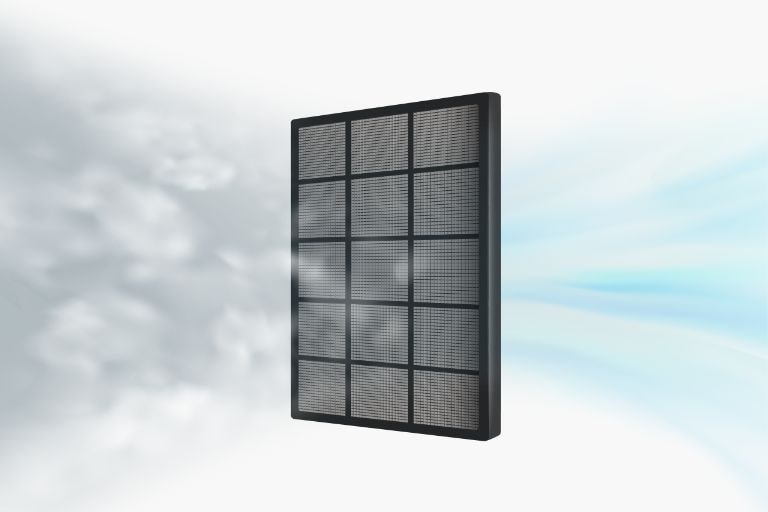 Air filter with particles being blocked on the left side and clean air flowing out on the right side, illustrating filtration and purification