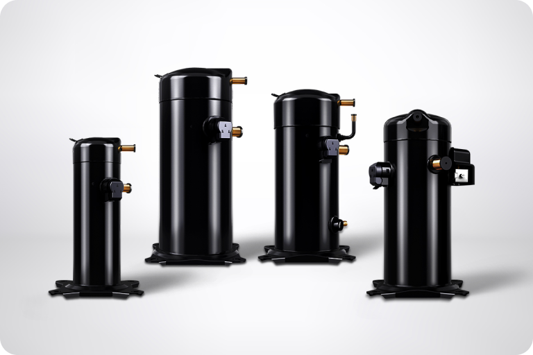 Four types of compressors (YJH, YRH, ACF, and YBM) arranged in a row.
