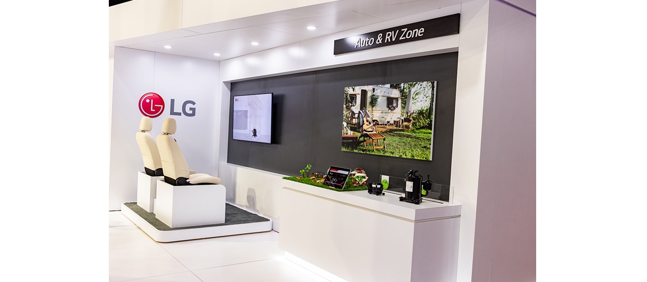 LG auto and rv products zone at AHR 2023 featuring various compressors