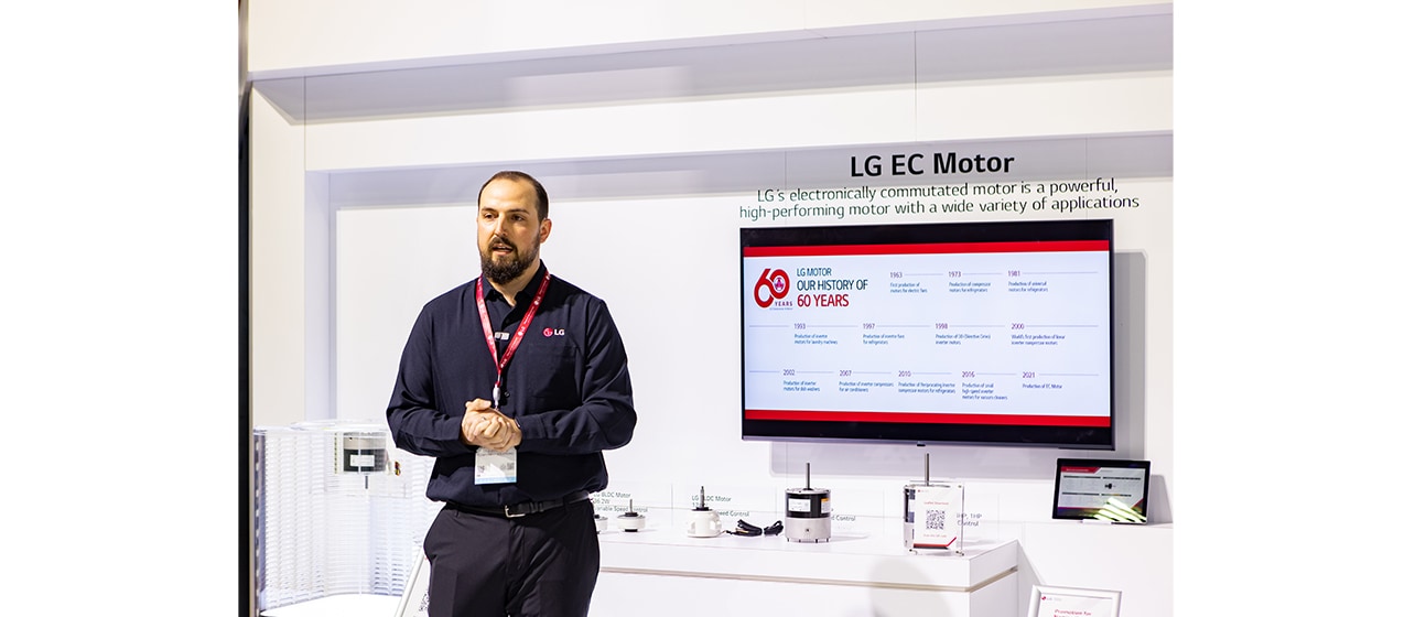 LG sales engineer discussing component products with media
