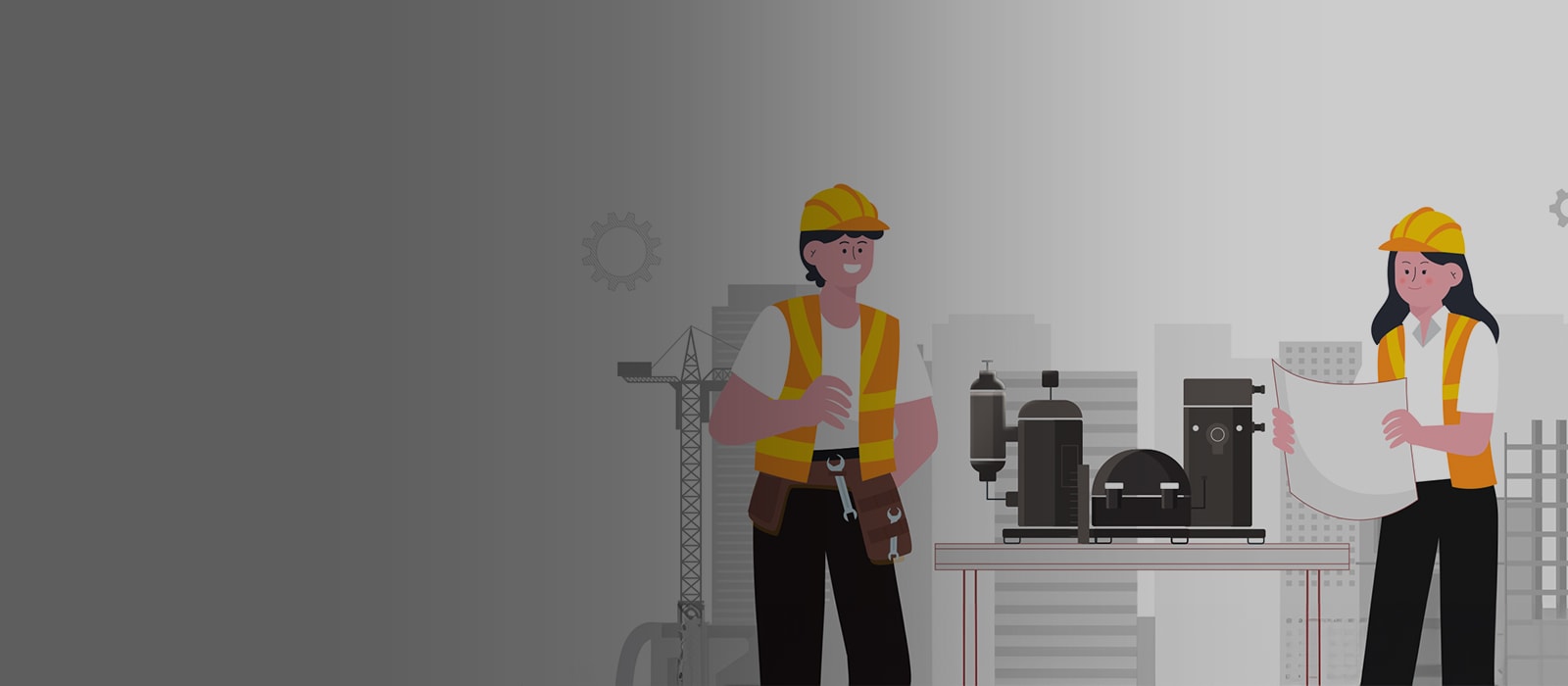 A dark image of compressors and two workers