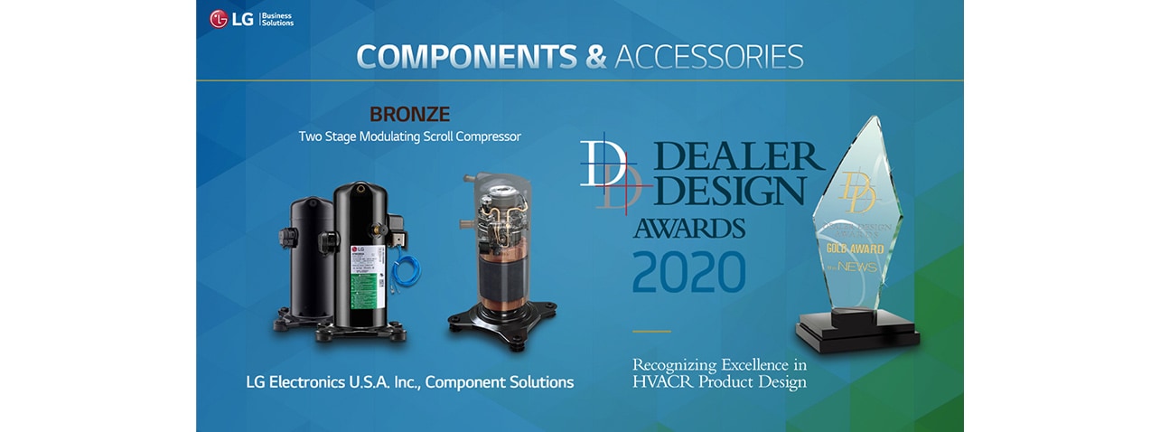 Product image of LG Two-Stage Scroll Compressor and a trophy