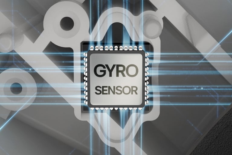 A close-up image of a small, rectangular electronic component labeled "GYRO SENSOR" surrounded by intricate circuitry and glowing blue lines.