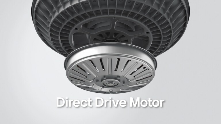 A close-up image of a washing machine's direct drive motor. The motor is shown from below, with its circular base and internal components visible.