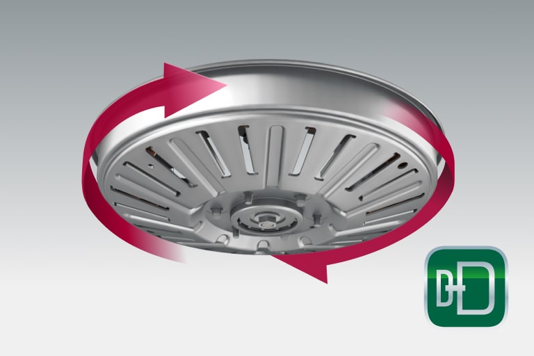 A close-up image of a washing machine's Direct Drive motor in operation. Water is swirling around the motor as it spins.