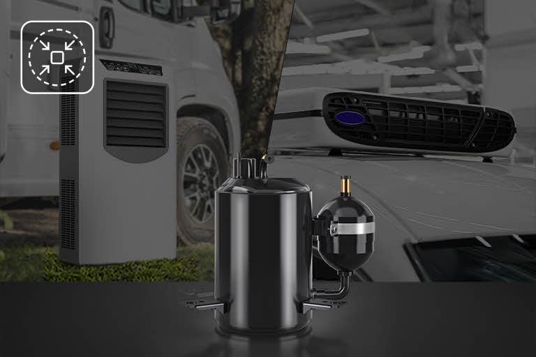 LG compressor unit displayed in front of a compact cooling system and vehicles, illustrating lightweight structure suitable for flexible installation in space-constrained HVAC environments.