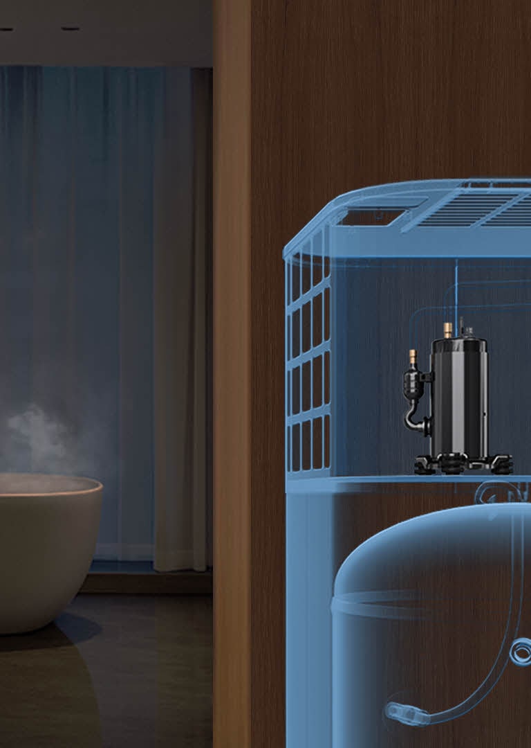 Modern bathroom with a steaming bathtub near a window, accompanied by a cutaway view of an LG domestic water heater system showing the internal compressor for efficient residential heating.